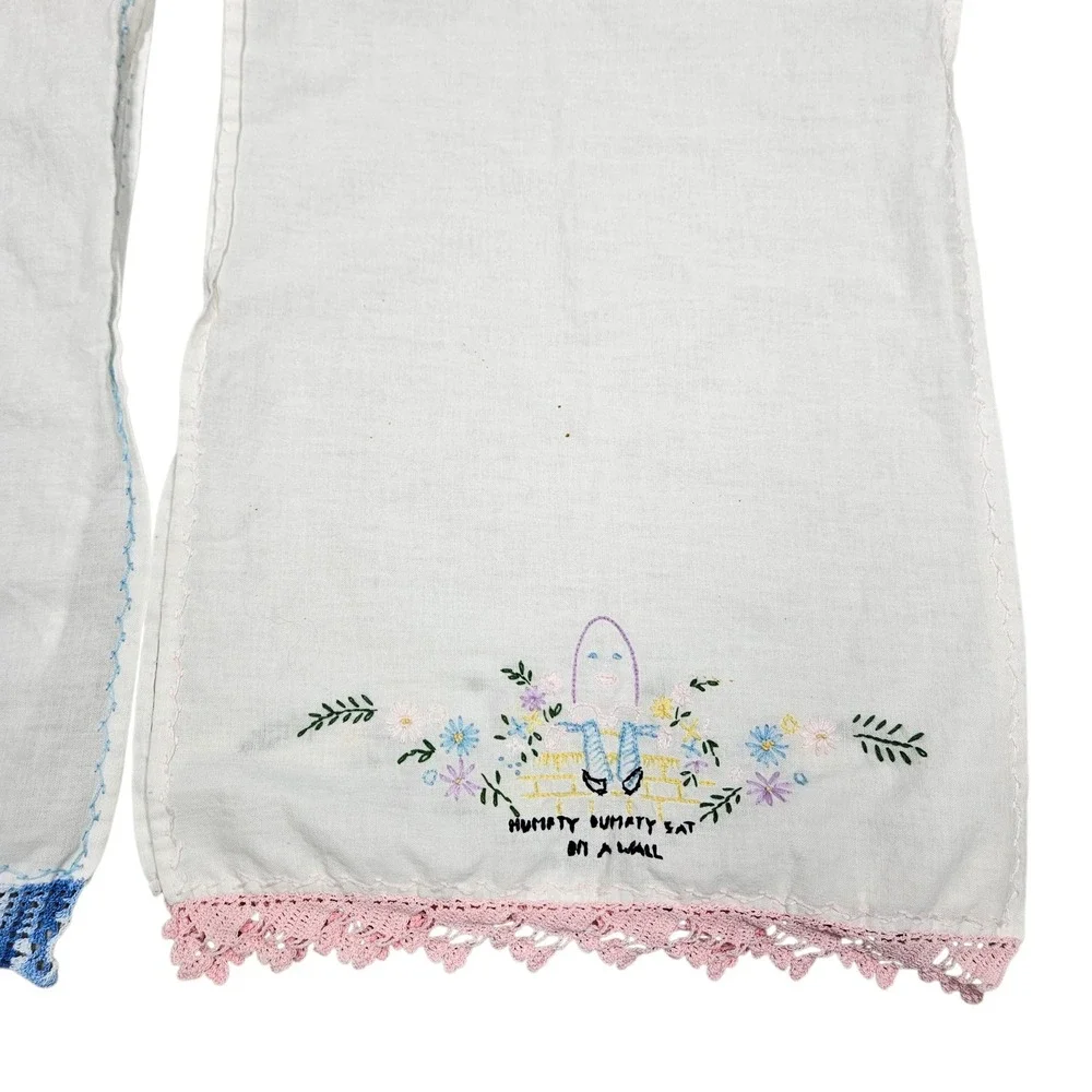 Embroidered Cotton Hand Towels Set of 2 Turtle Humpty Dumpty Pink Blue Lace Trim